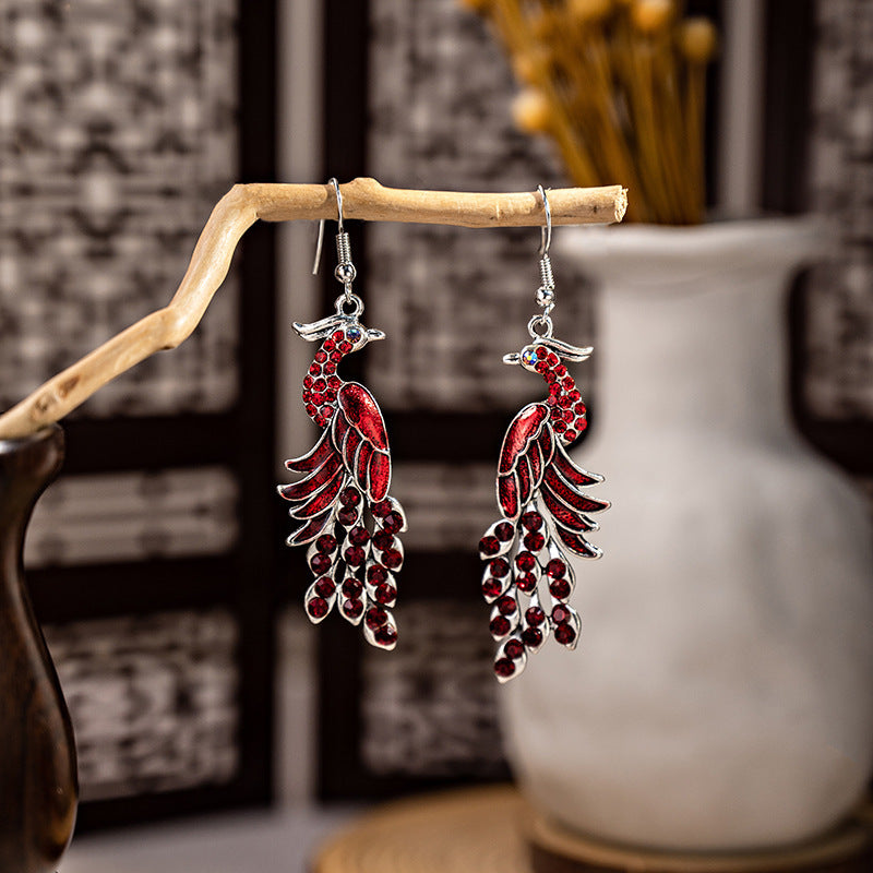 Cloisonne Peacock Earrings Miao Silver National Totem Phoenix