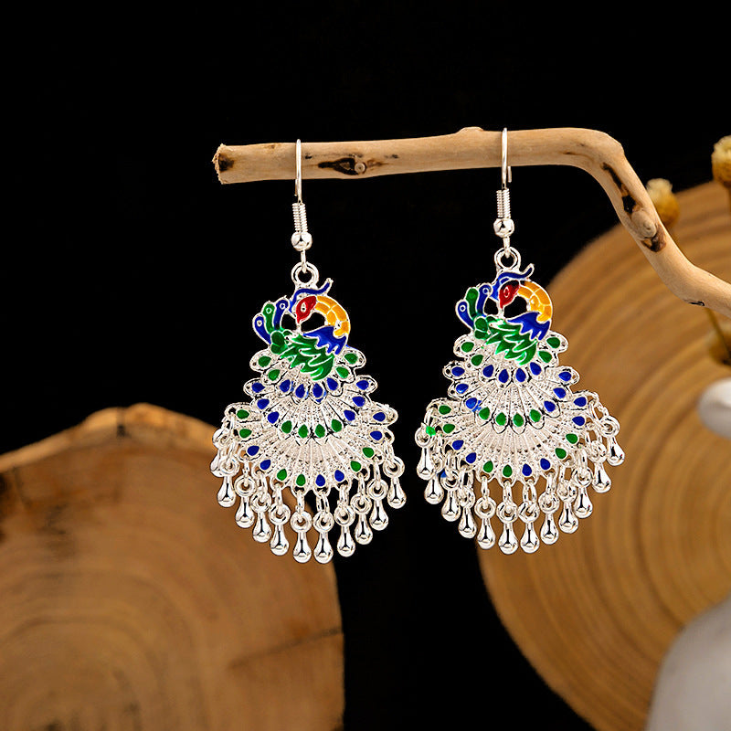 Cloisonne Peacock Earrings Miao Silver National Totem Phoenix