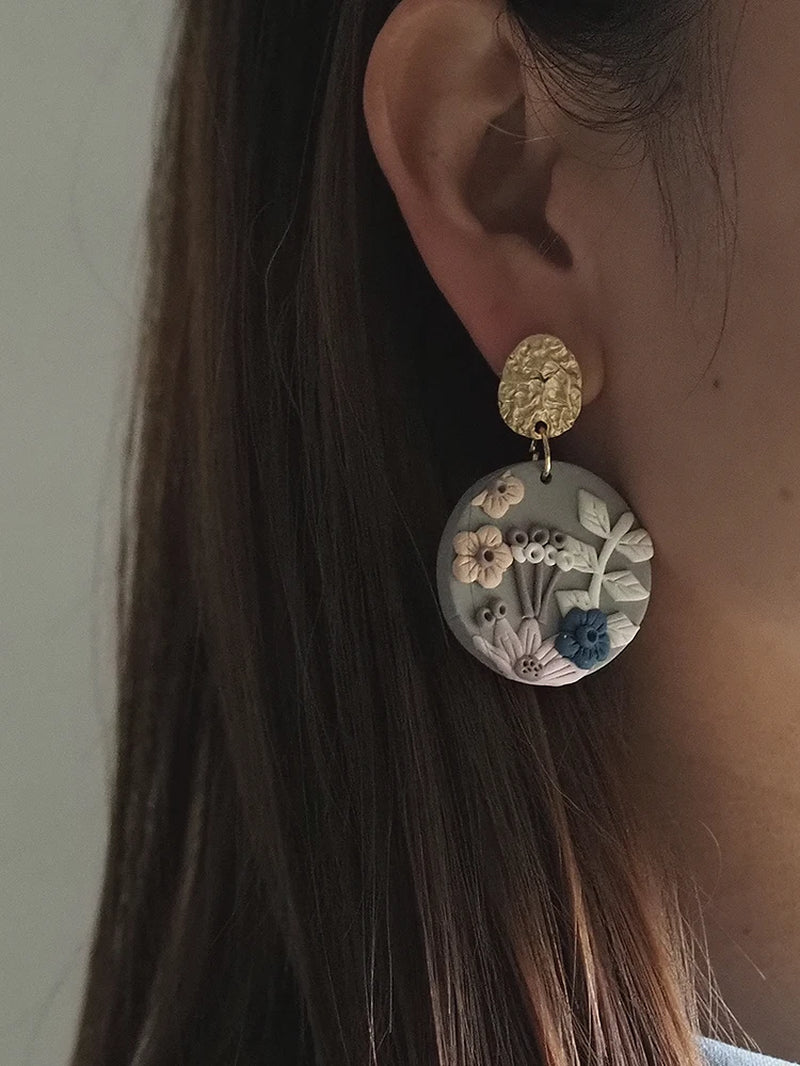 Handmade Jewelry Delicate Ethnic Detailed Flower Pattern Big Size Pendant Drop Polymer Clay Earrings Crafts for Woman Gifts