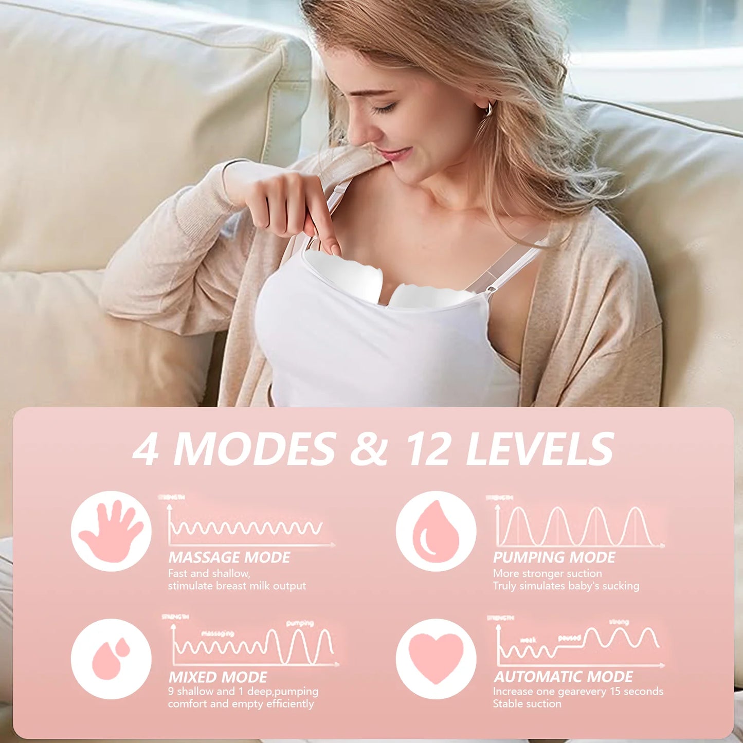 Electric Breast Pump,  Wearable Hands-Free Breast Pumps with 3 Modes, 9 Levels, Pink