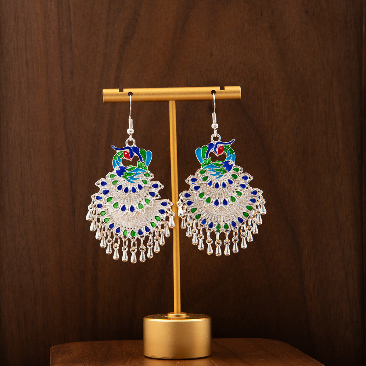 Cloisonne Peacock Earrings Miao Silver National Totem Phoenix