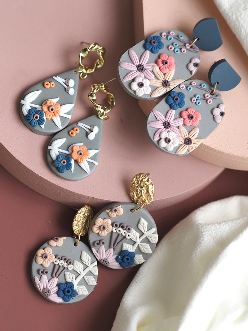 Handmade Jewelry Delicate Ethnic Detailed Flower Pattern Big Size Pendant Drop Polymer Clay Earrings Crafts for Woman Gifts