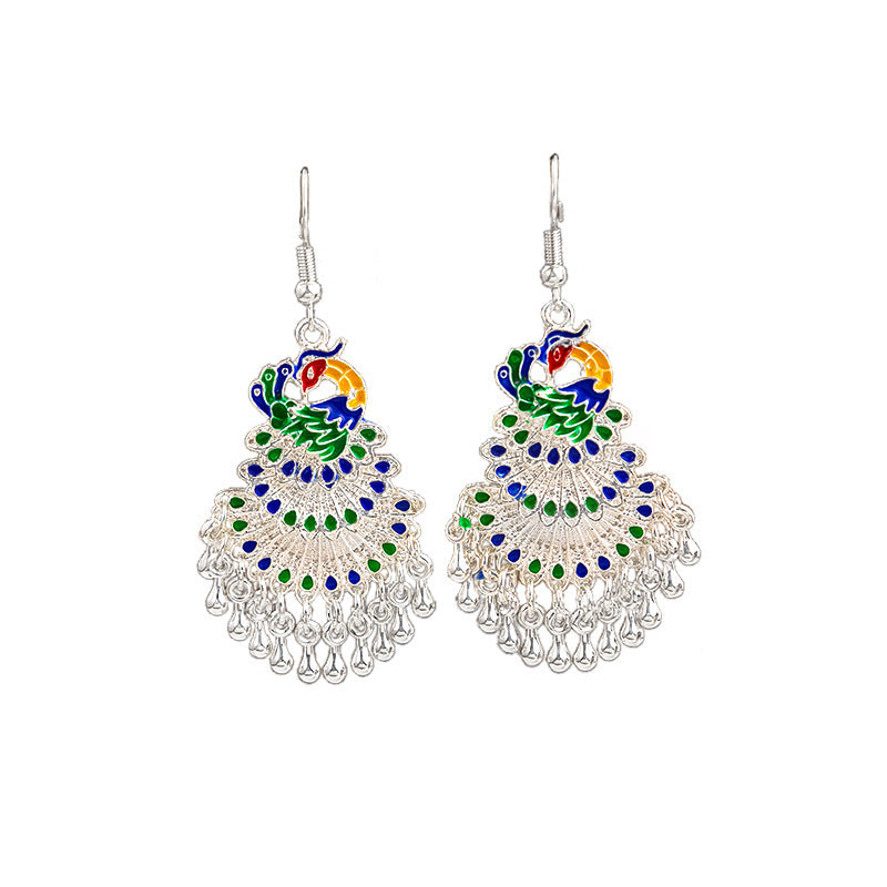 Cloisonne Peacock Earrings Miao Silver National Totem Phoenix