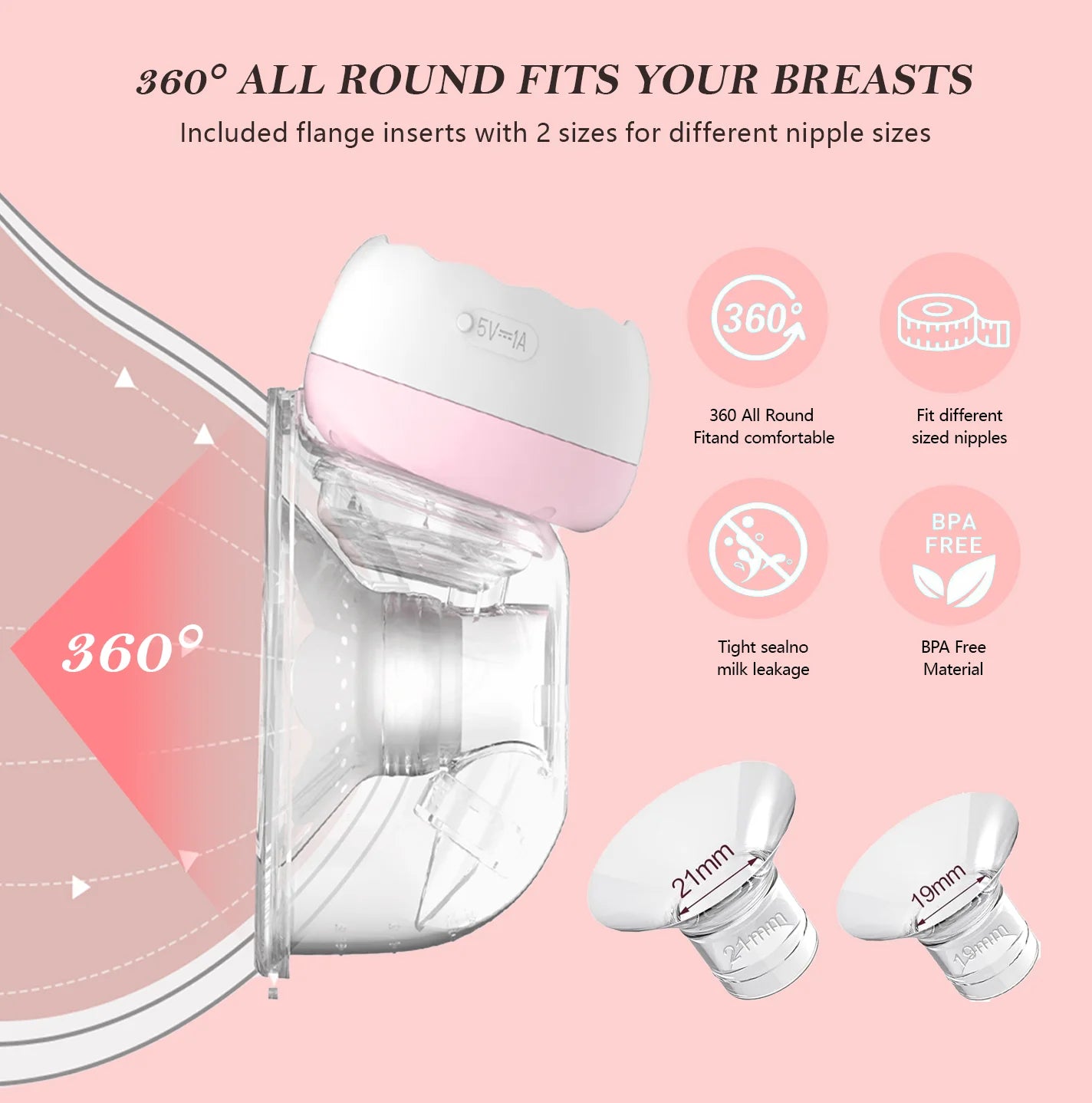 Electric Breast Pump,  Wearable Hands-Free Breast Pumps with 3 Modes, 9 Levels, Pink