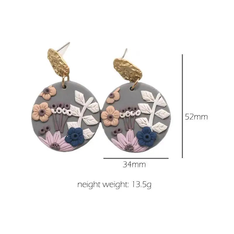 Handmade Jewelry Delicate Ethnic Detailed Flower Pattern Big Size Pendant Drop Polymer Clay Earrings Crafts for Woman Gifts