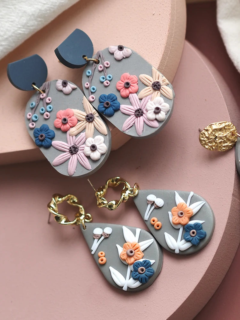 Handmade Jewelry Delicate Ethnic Detailed Flower Pattern Big Size Pendant Drop Polymer Clay Earrings Crafts for Woman Gifts