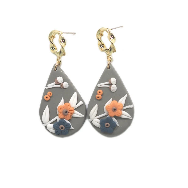 Handmade Jewelry Delicate Ethnic Detailed Flower Pattern Big Size Pendant Drop Polymer Clay Earrings Crafts for Woman Gifts