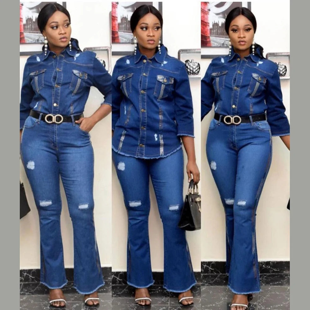 African Mom Jeans Set Stretch Fabric Flared Jeans Jeans with Print Women'S Ripped Jeans Ripped Jeans