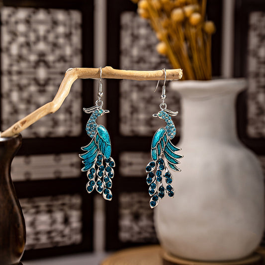 Cloisonne Peacock Earrings Miao Silver National Totem Phoenix