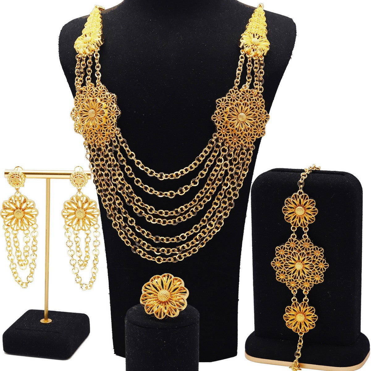 24K Gold Flower Necklace Earring Ring Bracelet Set