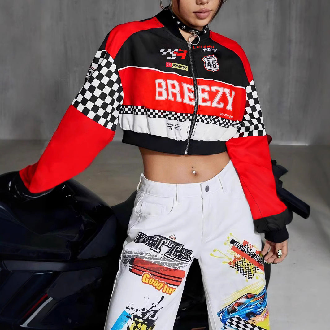 Women's Loose Fashion Short Letters Casual Zipper Jacket Coat