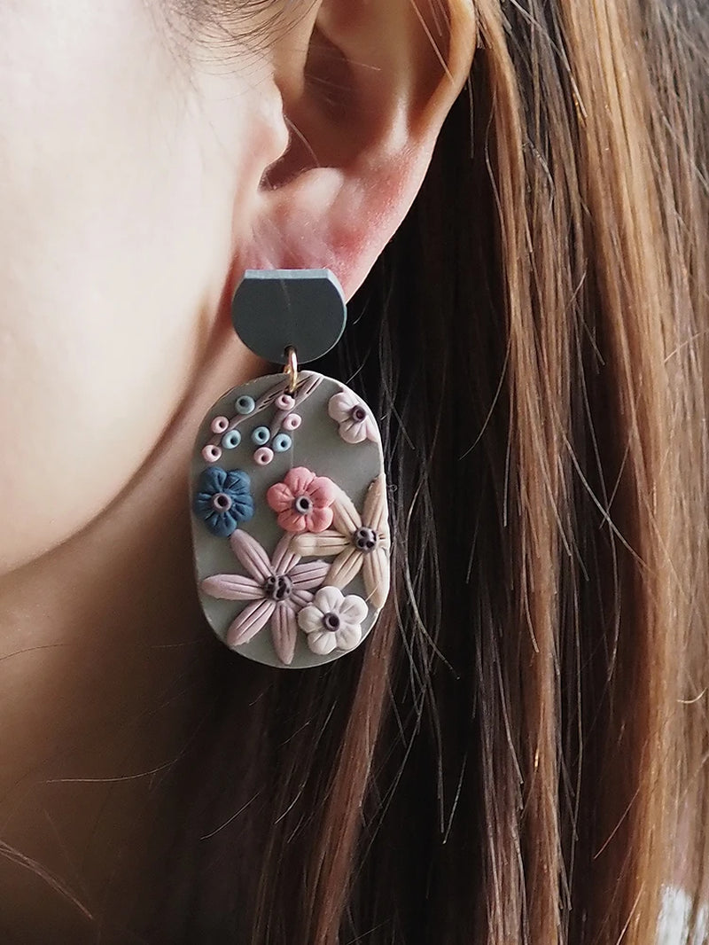 Handmade Jewelry Delicate Ethnic Detailed Flower Pattern Big Size Pendant Drop Polymer Clay Earrings Crafts for Woman Gifts