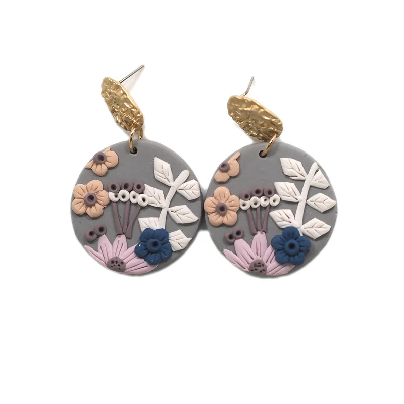 Handmade Jewelry Delicate Ethnic Detailed Flower Pattern Big Size Pendant Drop Polymer Clay Earrings Crafts for Woman Gifts