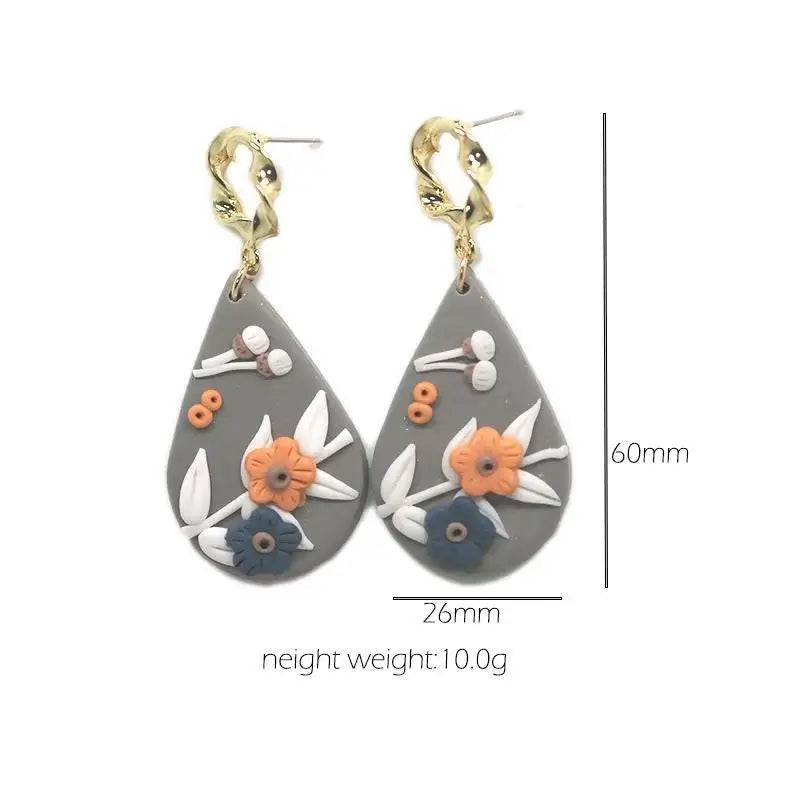 Handmade Jewelry Delicate Ethnic Detailed Flower Pattern Big Size Pendant Drop Polymer Clay Earrings Crafts for Woman Gifts