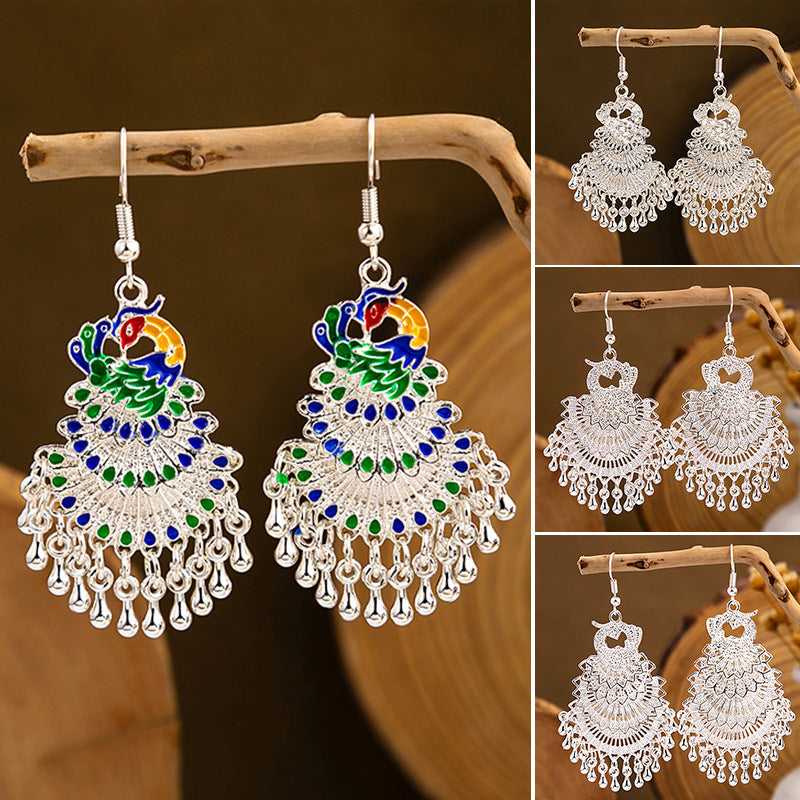 Cloisonne Peacock Earrings Miao Silver National Totem Phoenix