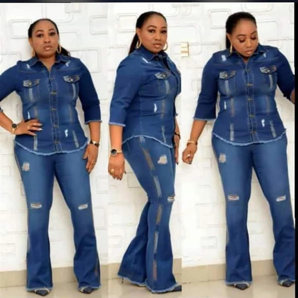 African Mom Jeans Set Stretch Fabric Flared Jeans Jeans with Print Women'S Ripped Jeans Ripped Jeans