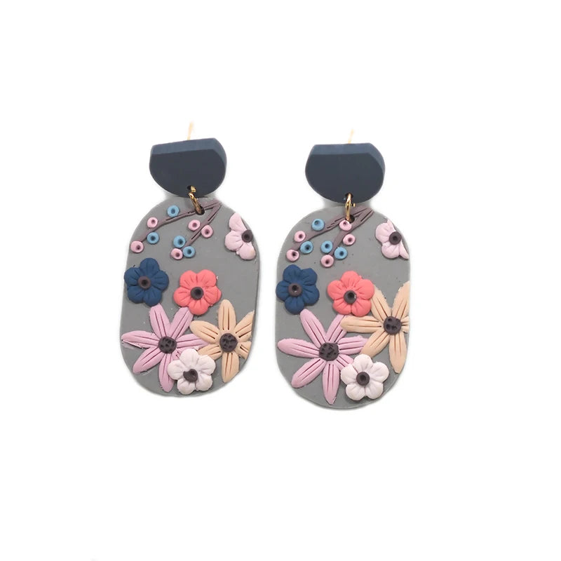 Handmade Jewelry Delicate Ethnic Detailed Flower Pattern Big Size Pendant Drop Polymer Clay Earrings Crafts for Woman Gifts