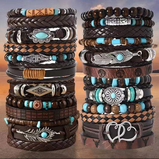 Multi-layer Peacock Feather Leather Woven Match Sets Multi-color Mixed Bracelet Diamond